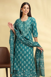 Teal Embroidered Jaipuri Cotton Straight Kurta Palazzo Dupatta Suit Set for women 