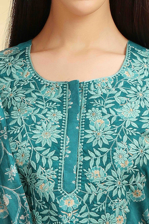 Teal Embroidered Jaipuri Cotton Straight Kurta Palazzo Dupatta Suit Set for women