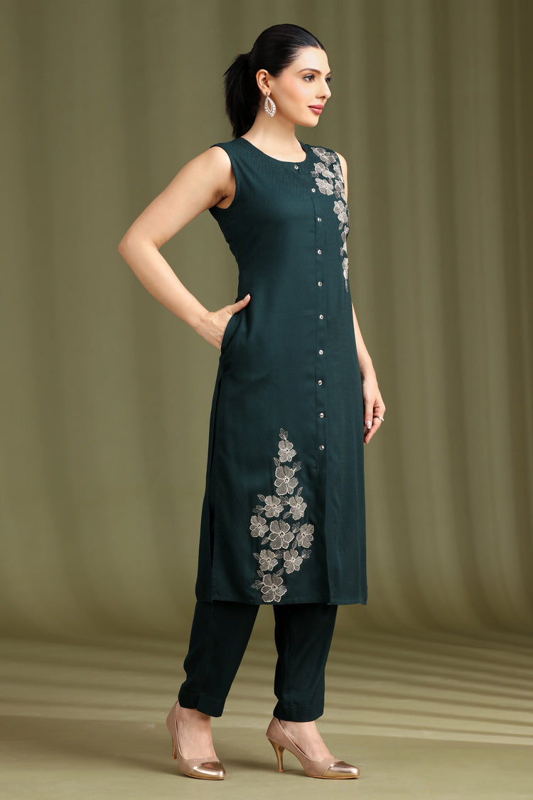 Teal Embroidered Straight Co ord Set