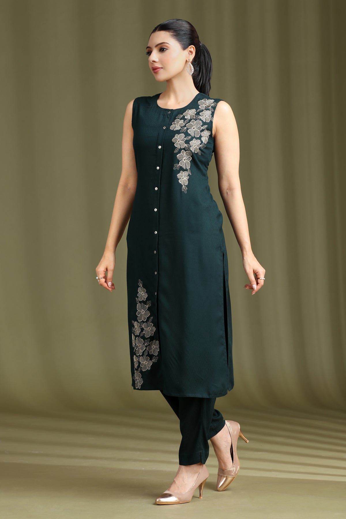 Teal Embroidered Straight Co ord Set