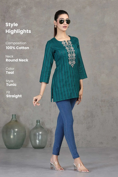 Teal Embroidered Straight Cotton Tunic