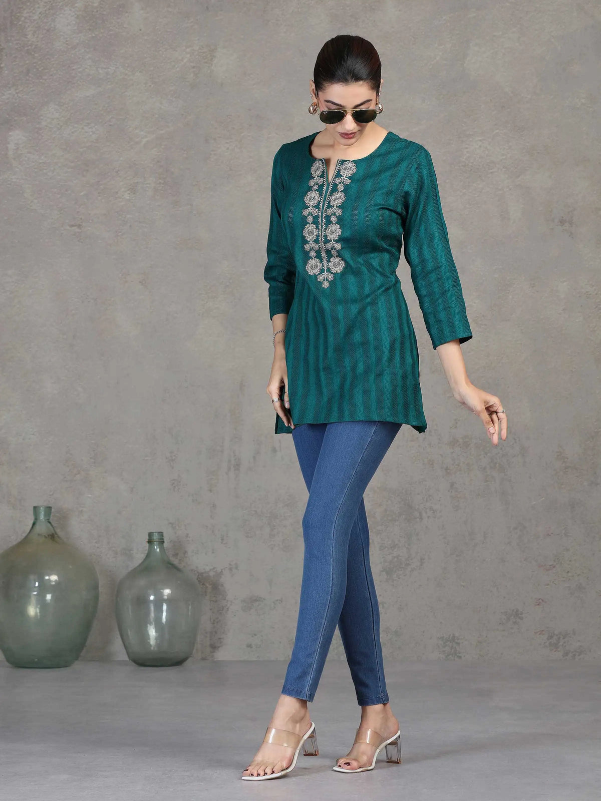 Teal Embroidered Straight Cotton Tunic