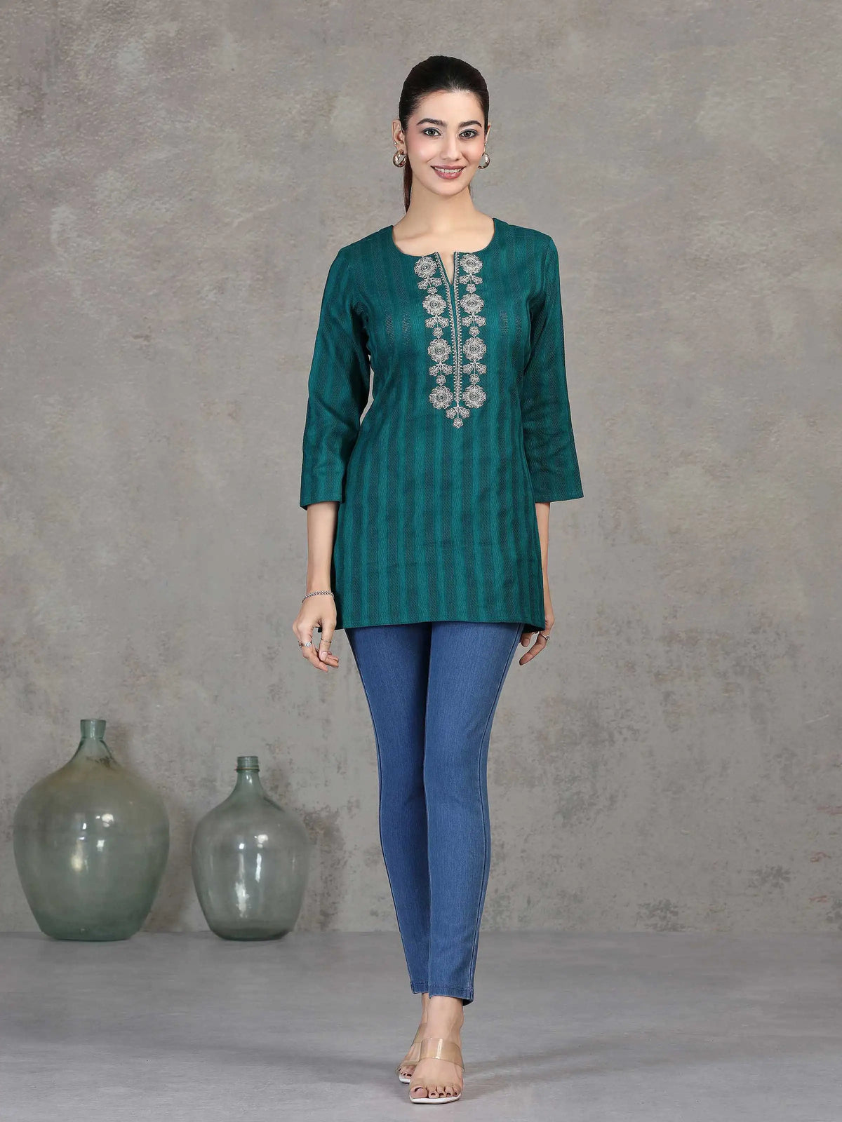 Teal Embroidered Straight Cotton Tunic