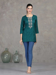 Teal Embroidered Straight Cotton Tunic