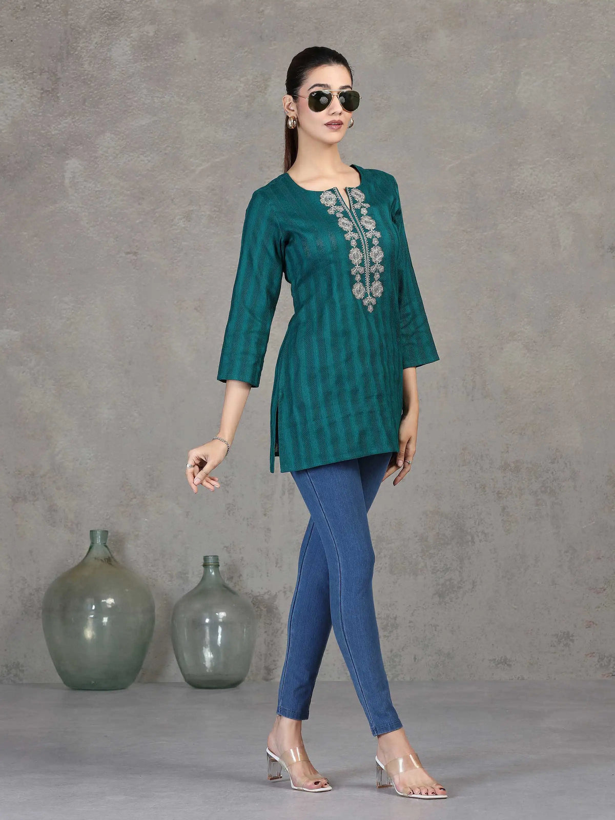 Teal Embroidered Straight Cotton Tunic