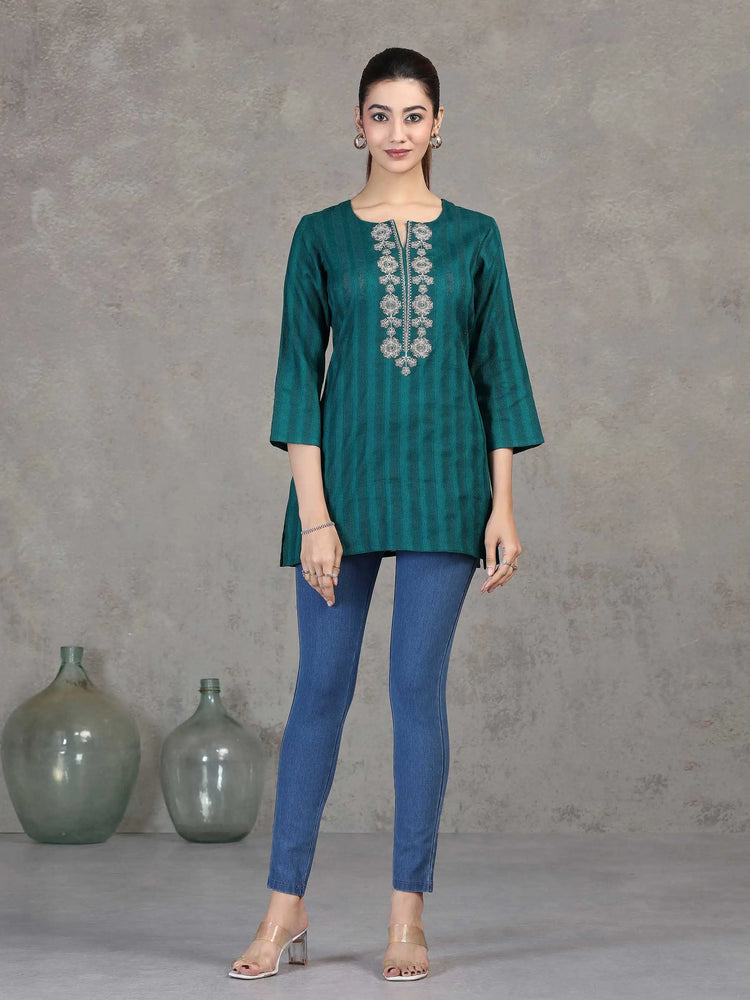 Teal Embroidered Straight Cotton Tunic