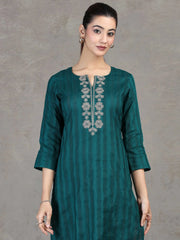 Teal Embroidered Straight Cotton Kurta