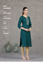 Teal Embroidered Straight Cotton Kurta