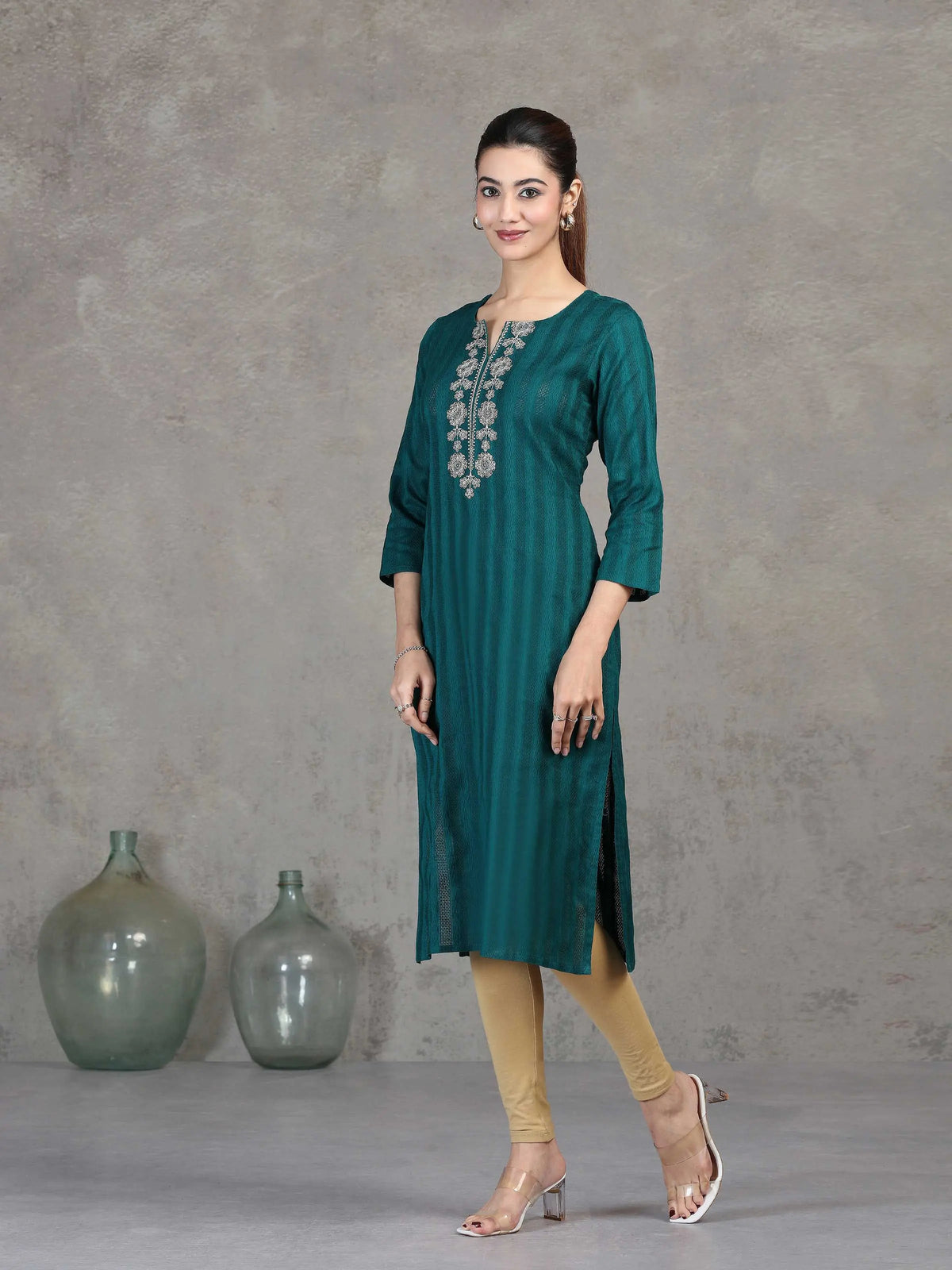 Teal Embroidered Straight Cotton Kurta