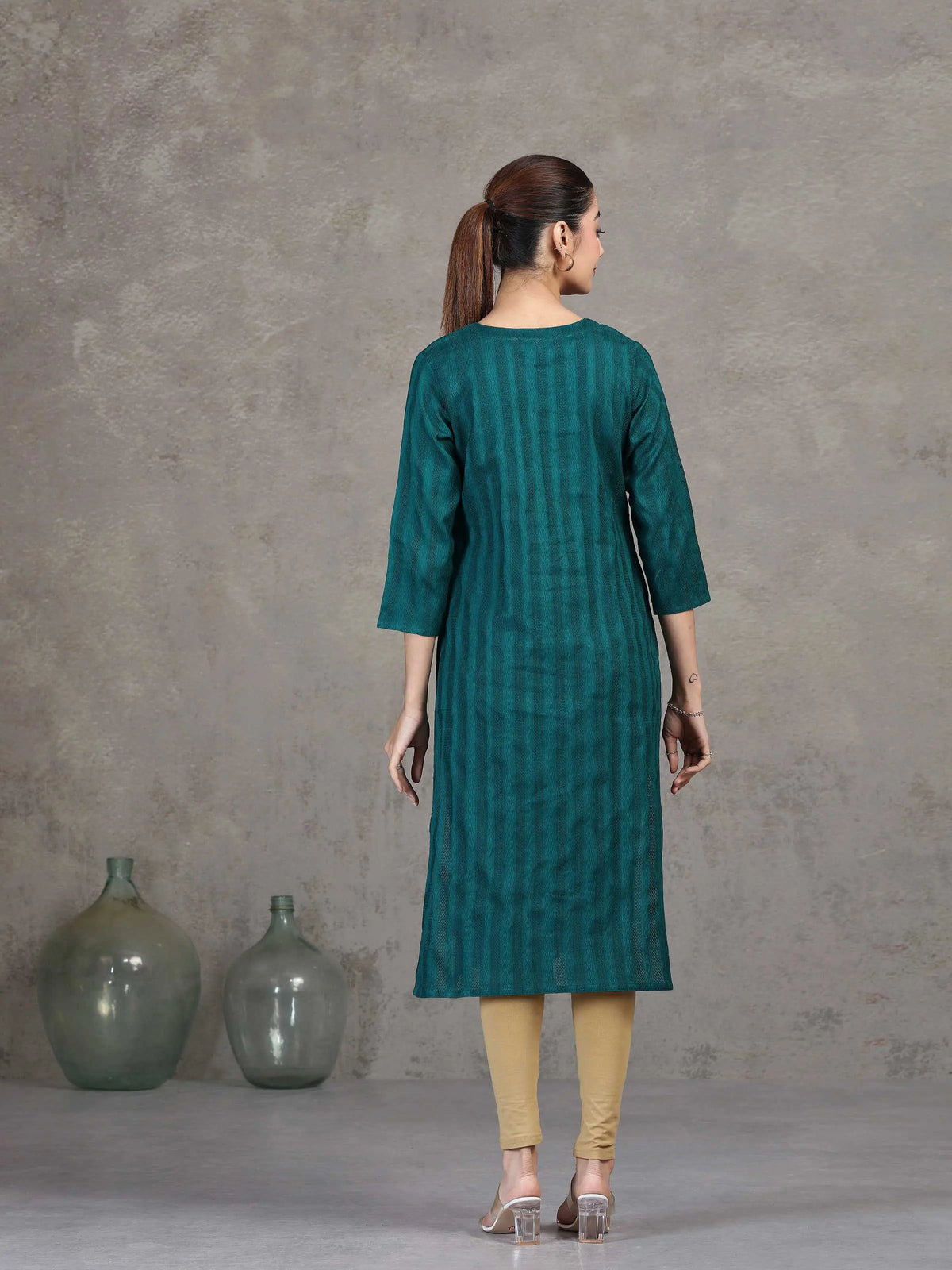Teal Embroidered Straight Cotton Kurta