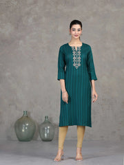 Teal Embroidered Straight Cotton Kurta