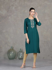 Teal Embroidered Straight Cotton Kurta