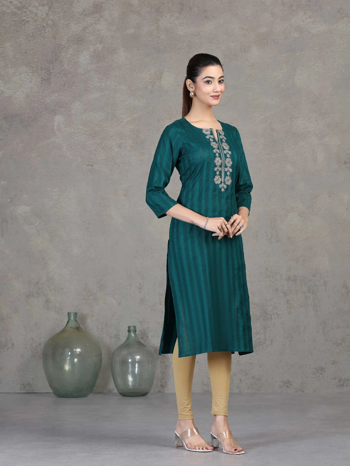 Teal Embroidered Straight Cotton Kurta