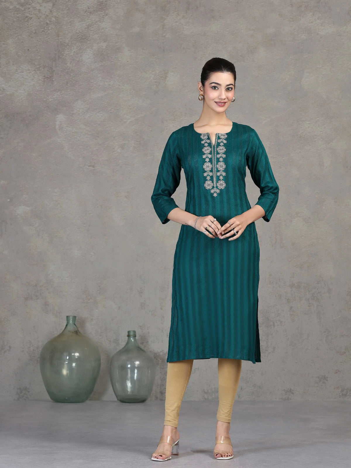 Teal Embroidered Straight Cotton Kurta