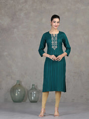 Teal Embroidered Straight Cotton Kurta