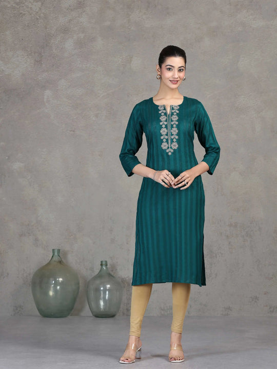 Teal Embroidered Straight Cotton Kurta