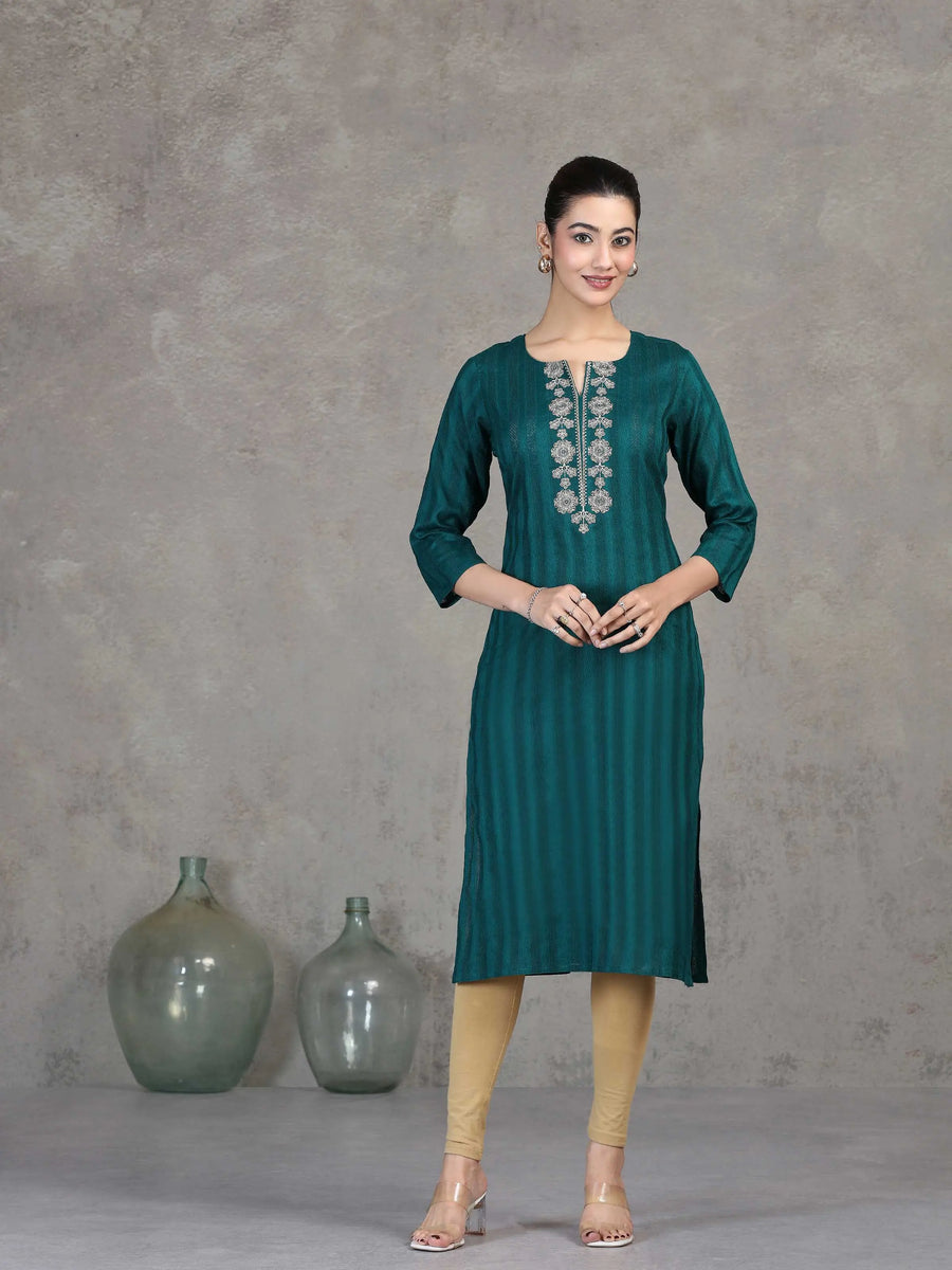Teal Embroidered Straight Cotton Kurta