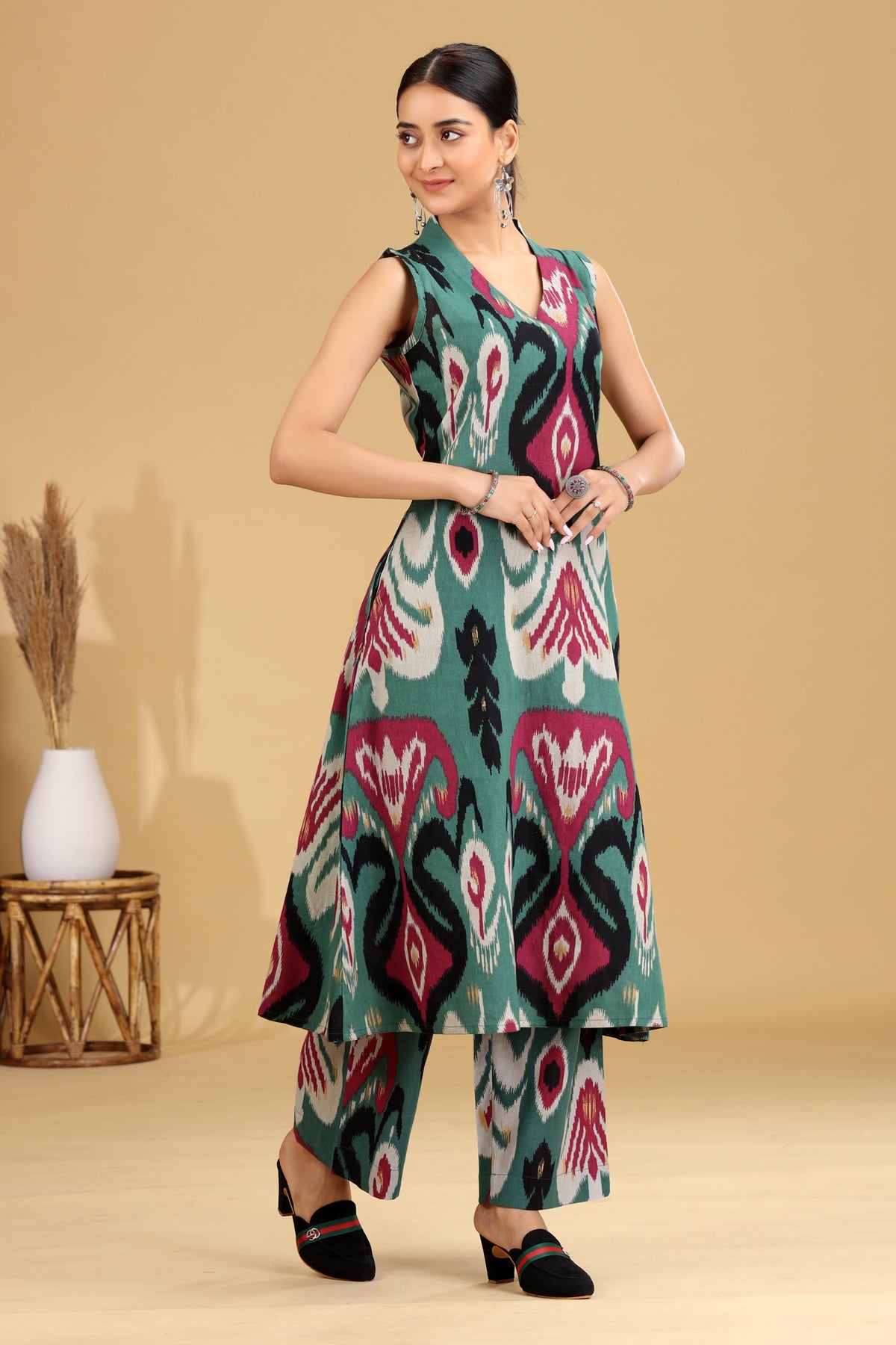 Teal Ikat Design A-Line Co-ord Set
