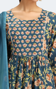 Teal Jaipuri Cotton Printed Gathered Kurta Pant and Dupatta Suit Set