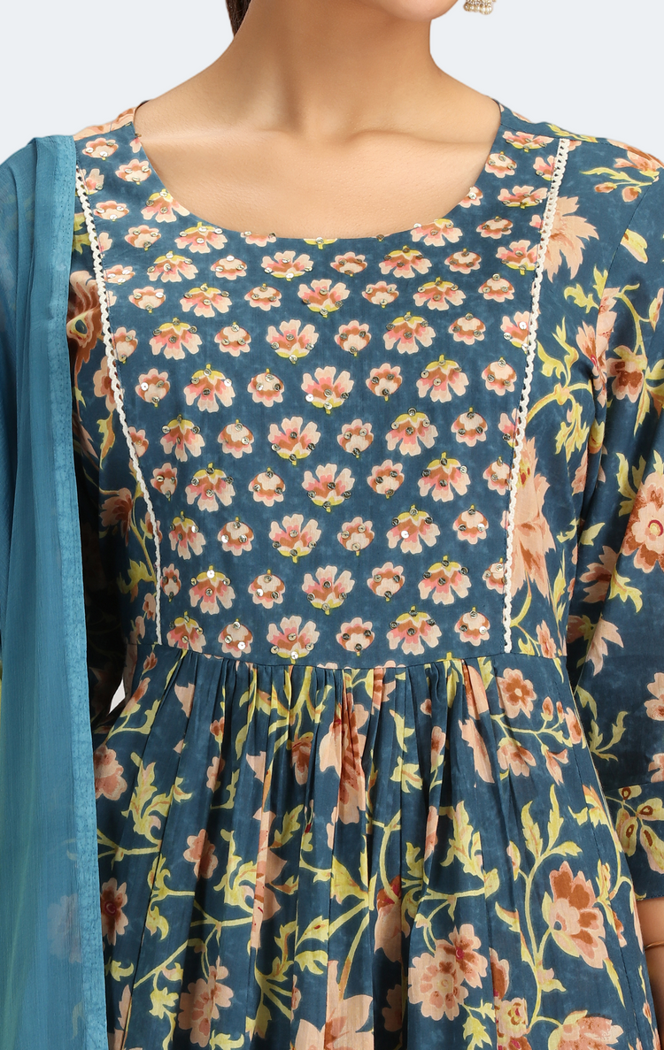 Teal Jaipuri Cotton Printed Gathered Kurta Pant and Dupatta Suit Set