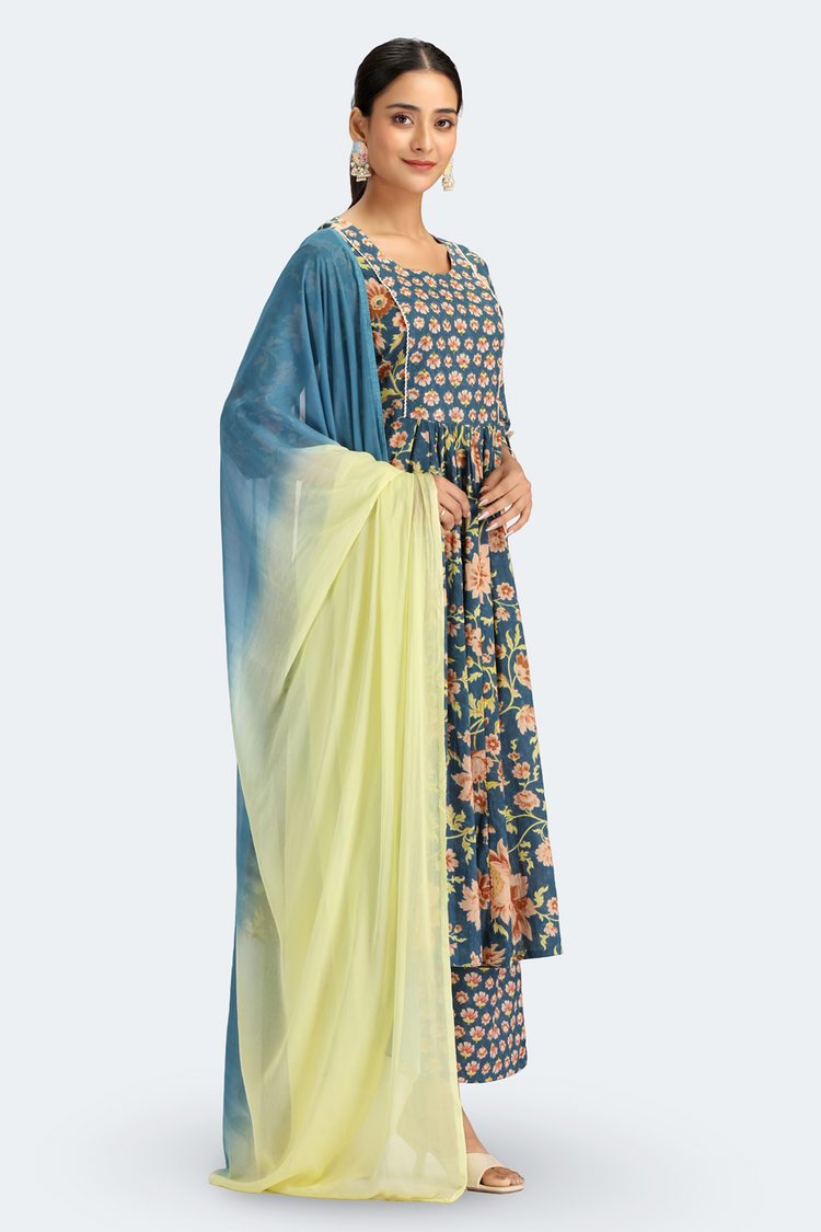 Teal Jaipuri Cotton Printed Gathered Kurta Pant and Dupatta Suit Set