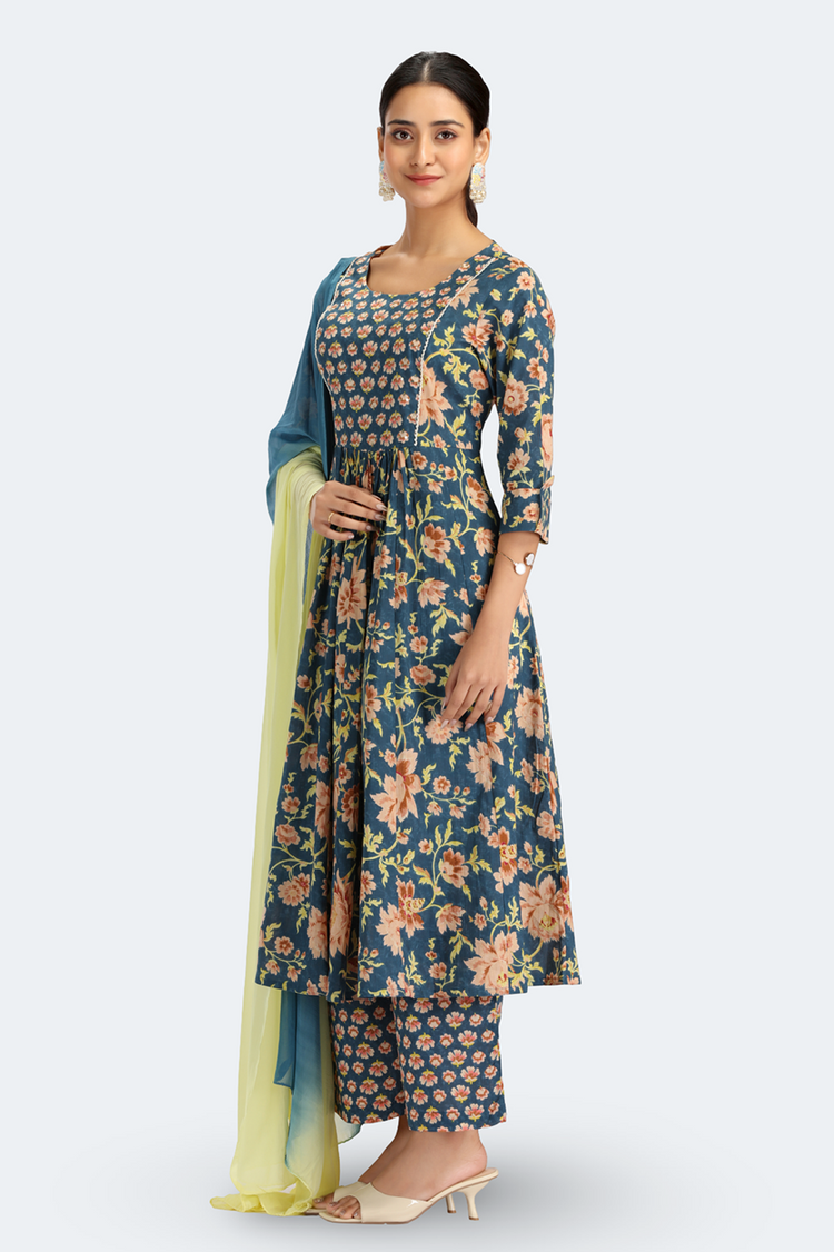 Teal Jaipuri Cotton Printed Gathered Kurta Pant and Dupatta Suit Set