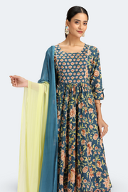 Teal Jaipuri Cotton Printed Gathered Kurta Pant and Dupatta Suit Set