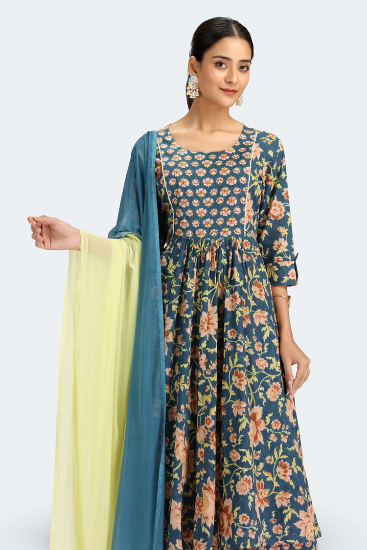 Teal Jaipuri Cotton Printed Gathered Kurta Pant and Dupatta Suit Set