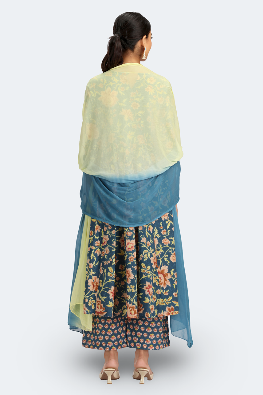 Teal Jaipuri Cotton Printed Gathered Kurta Pant and Dupatta Suit Set