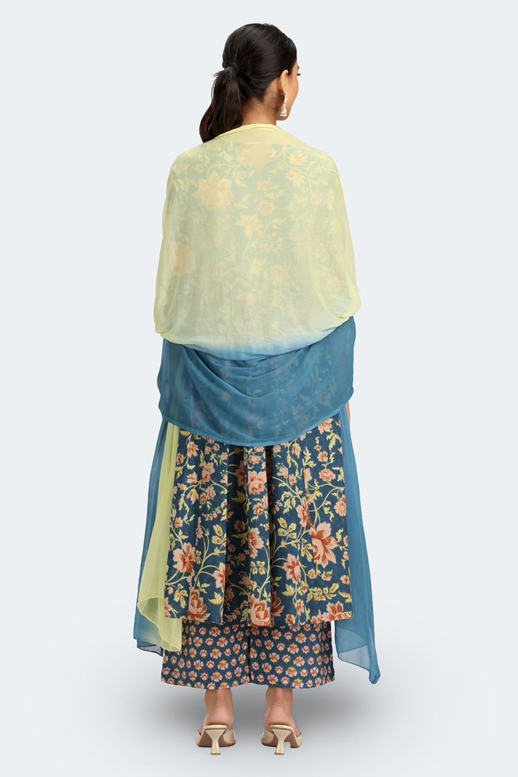 Teal Jaipuri Cotton Printed Gathered Kurta Pant and Dupatta Suit Set
