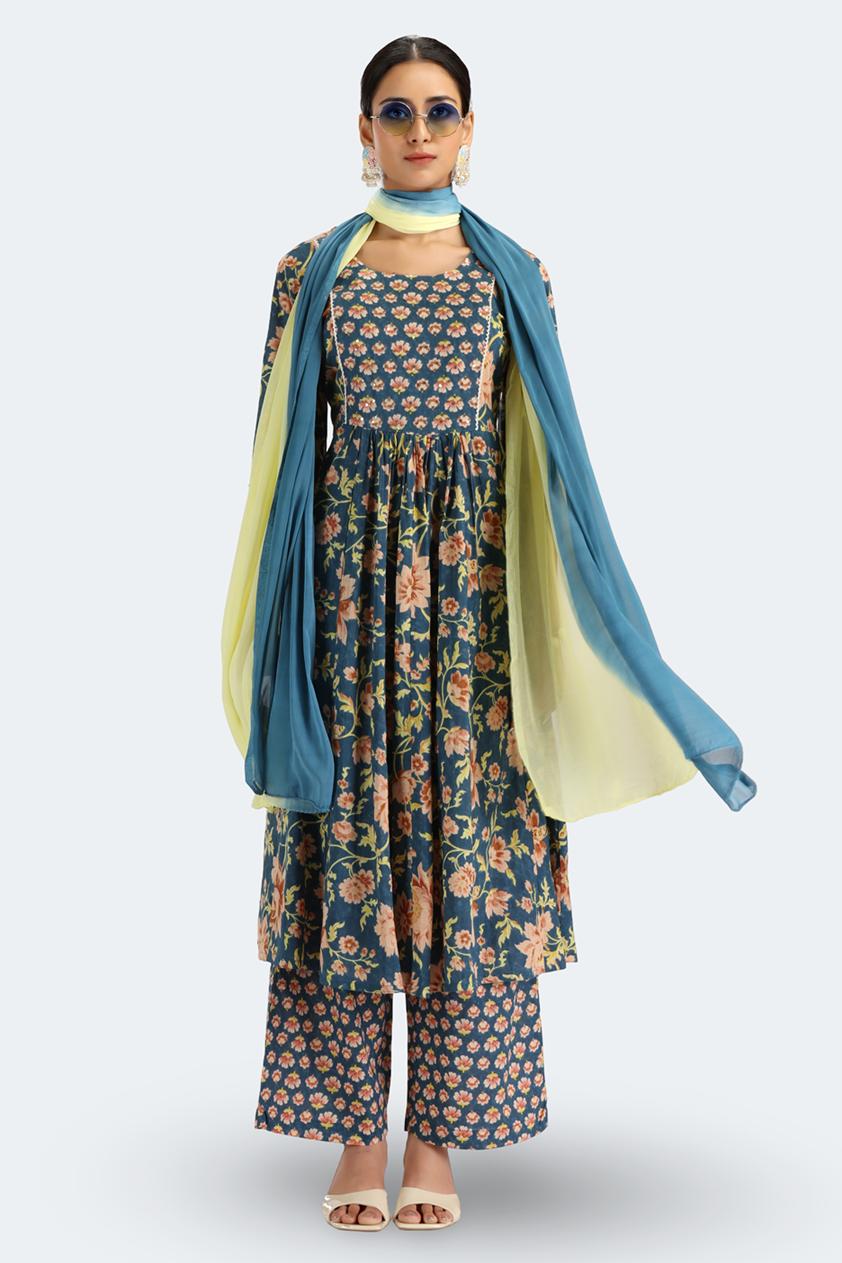Teal Jaipuri Cotton Printed Gathered Kurta Pant and Dupatta Suit Set