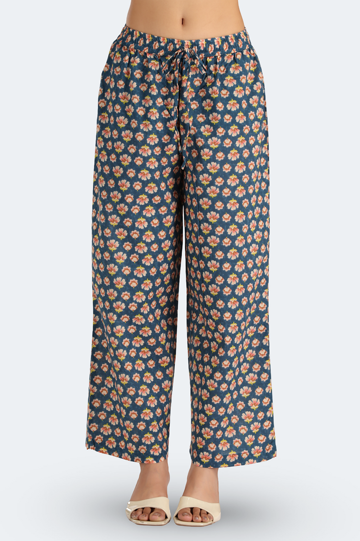 Teal Jaipuri Cotton Printed Gathered Kurta Pant and Dupatta Suit Set