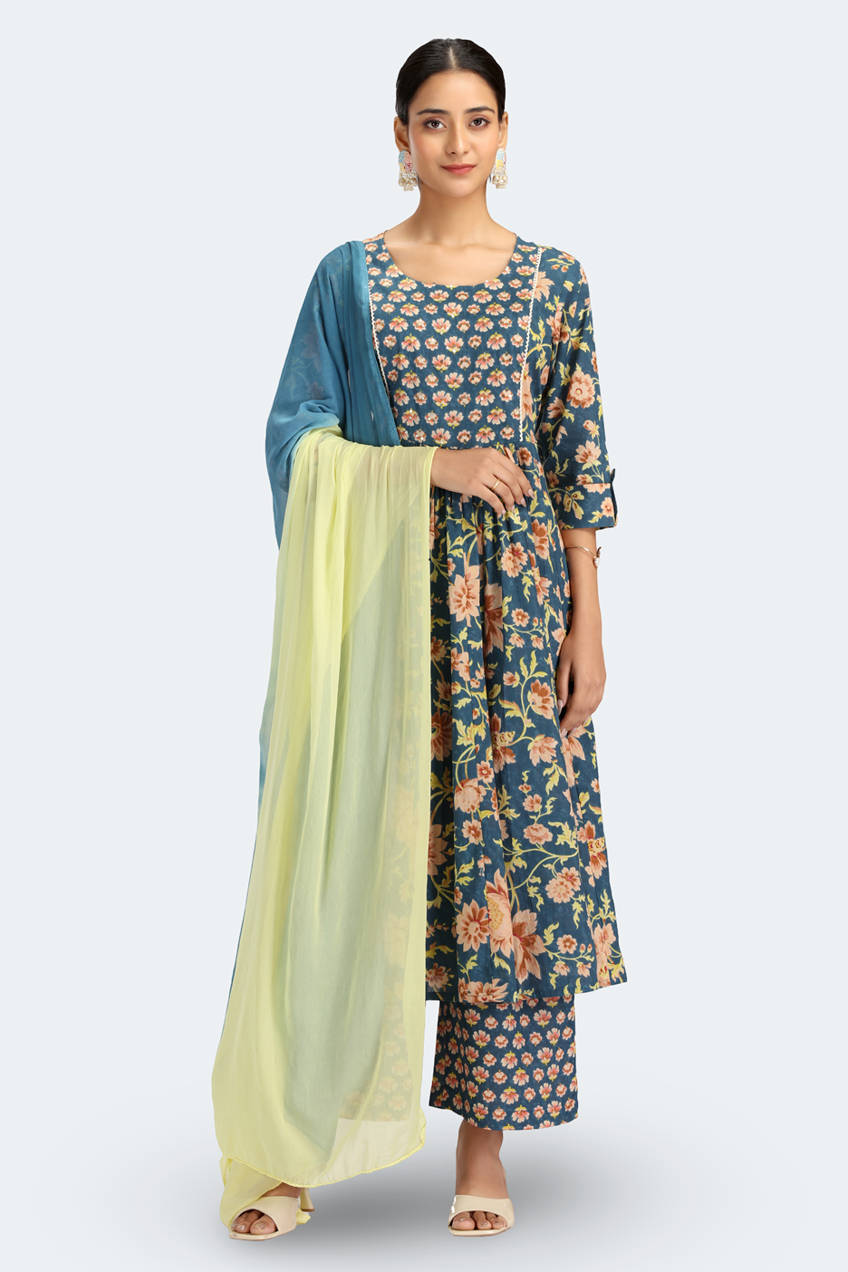 Teal Jaipuri Cotton Printed Gathered Kurta Pant and Dupatta Suit Set