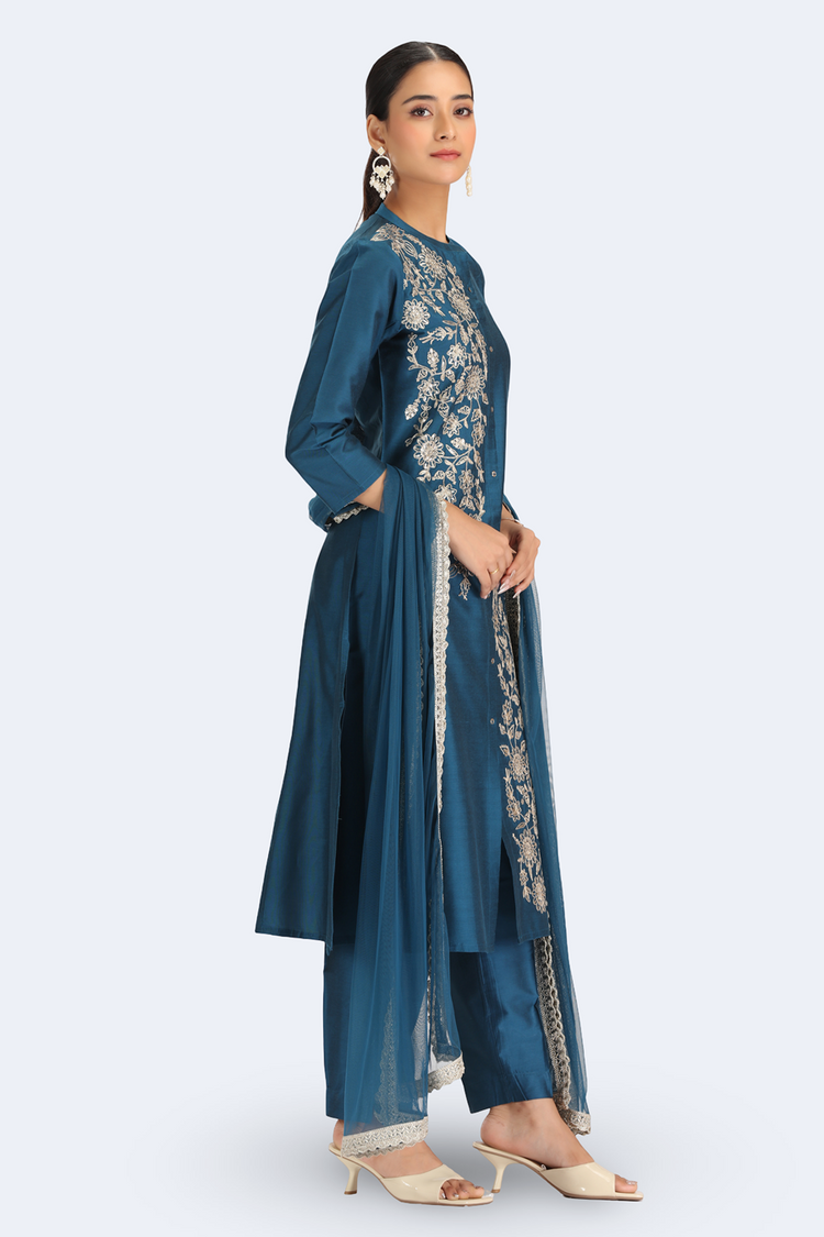 Teal PolySilk Embroidered A Line Kurta Pant and Dupatta Suit Set