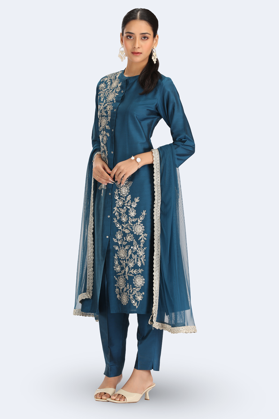 Teal PolySilk Embroidered A Line Kurta Pant and Dupatta Suit Set