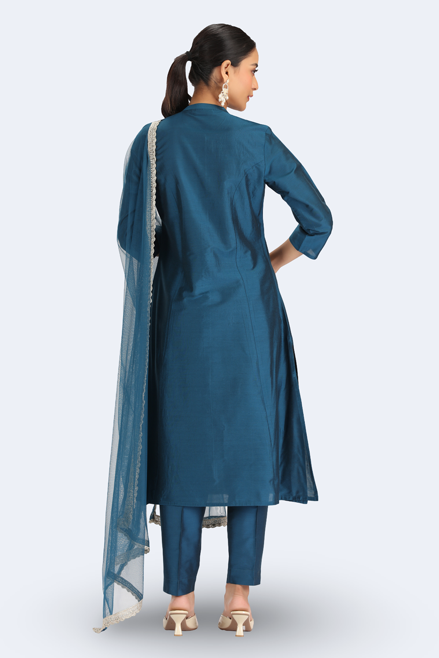 Teal PolySilk Embroidered A Line Kurta Pant and Dupatta Suit Set
