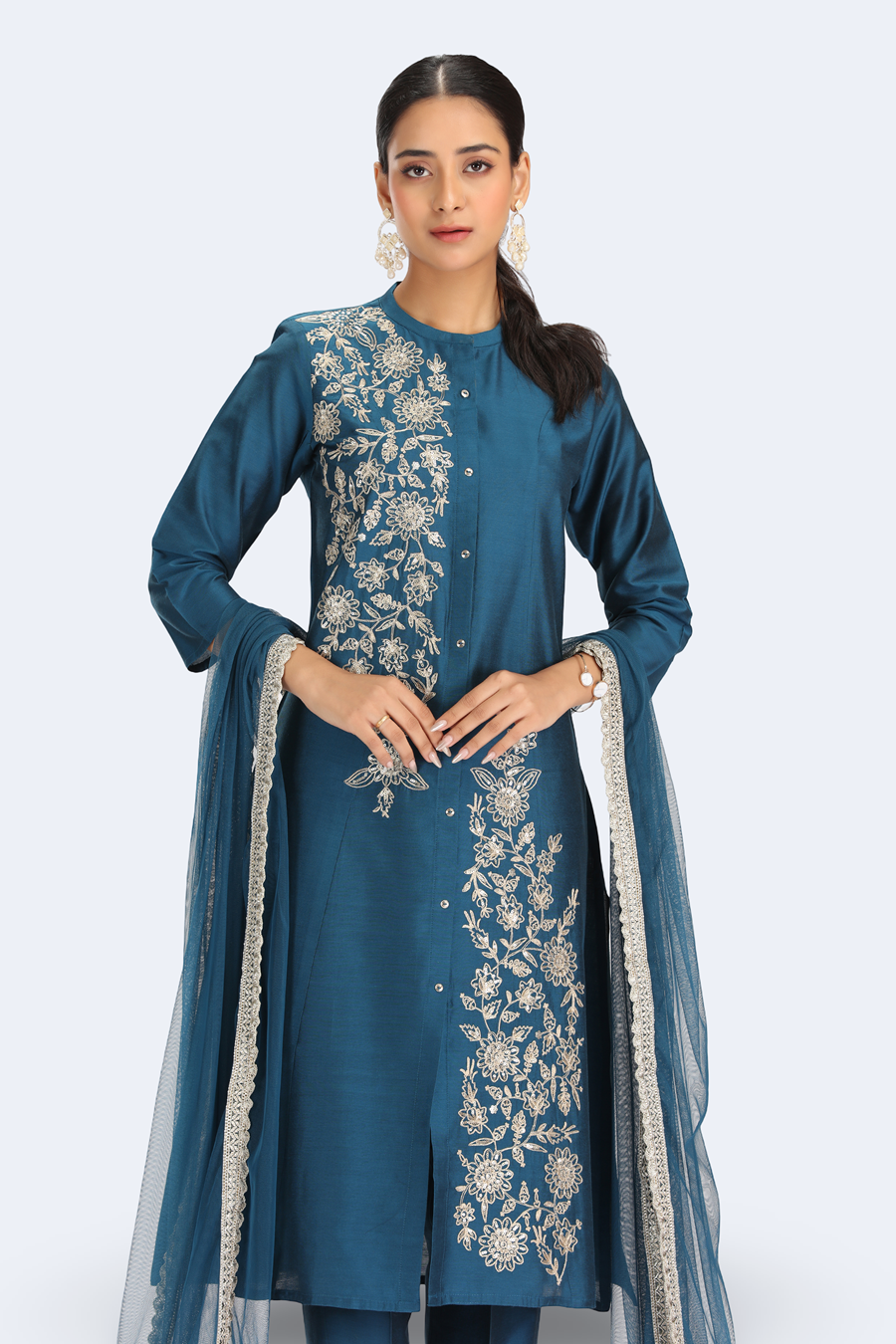 Teal PolySilk Embroidered A Line Kurta Pant and Dupatta Suit Set