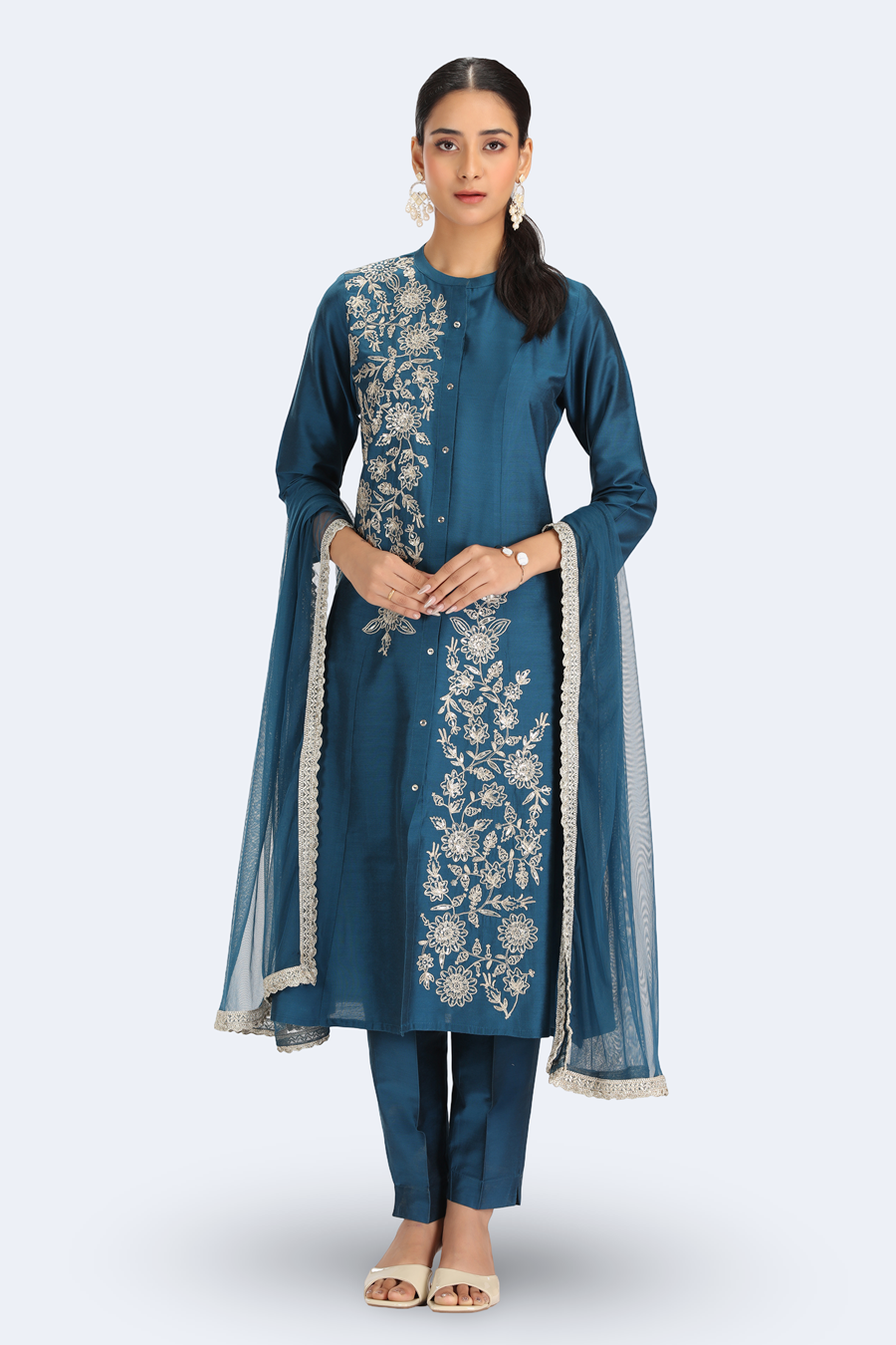 Teal PolySilk Embroidered A Line Kurta Pant and Dupatta Suit Set