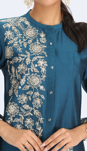Teal PolySilk Embroidered A Line Kurta Pant and Dupatta Suit Set
