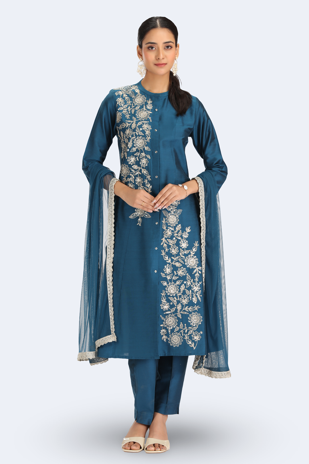 Teal PolySilk Embroidered A Line Kurta Pant and Dupatta Suit Set