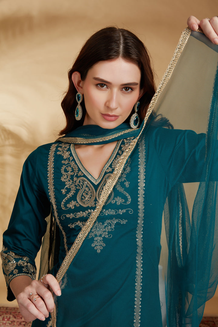 Teal Embroidered Straight Ethnic Set