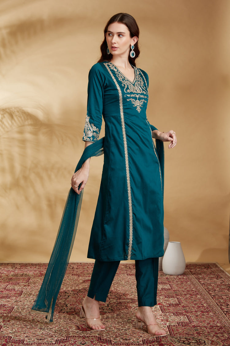 Teal Embroidered Straight Ethnic Set