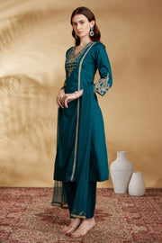 Teal Embroidered Straight Ethnic Set