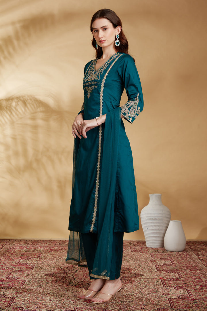 Teal Embroidered Straight Ethnic Set