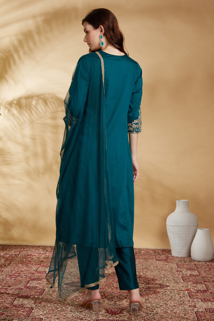 Teal Embroidered Straight Ethnic Set
