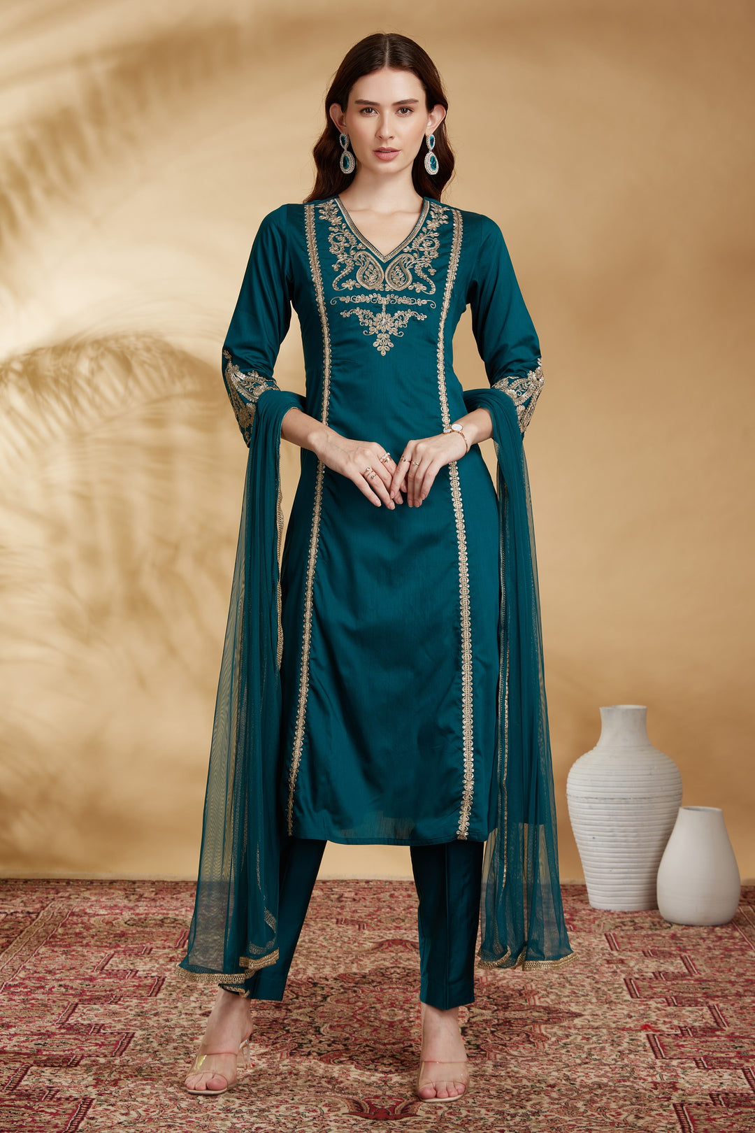 Teal Embroidered Straight Ethnic Set