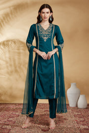 Teal Embroidered Straight Ethnic Set