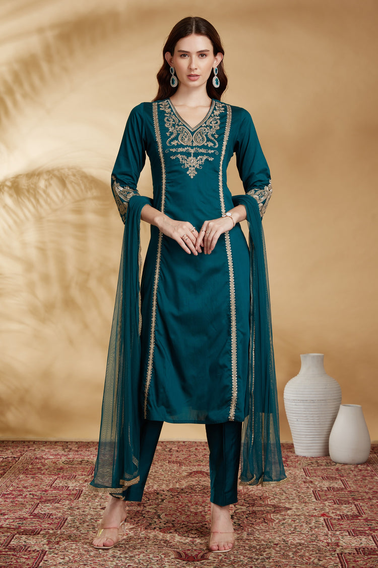 Teal Embroidered Straight Ethnic Set