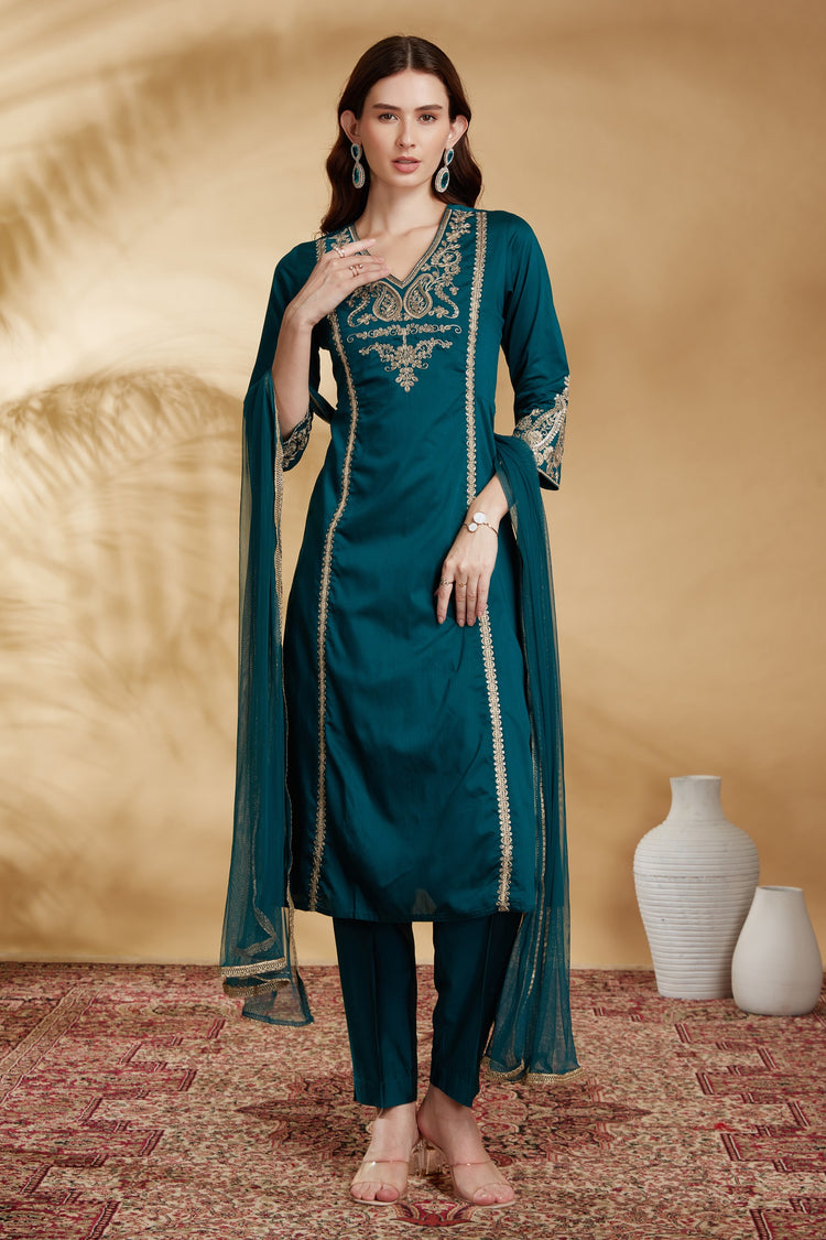 Teal Embroidered Straight Ethnic Set