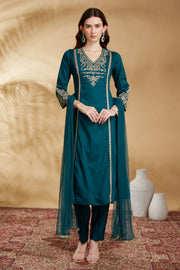 Teal Embroidered Straight Ethnic Set